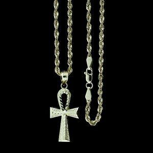 10K Real Gold Rope Chain and Ankh Cross Pendant Set